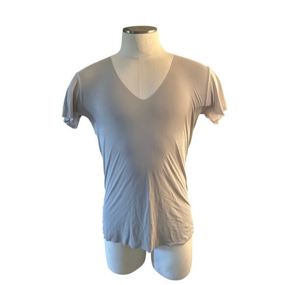 Men S Chest 35-38" Uniqlo Airism V-Neck Short Slv Tan Tee Shirt Top Lightweight - Picture 2 of 7